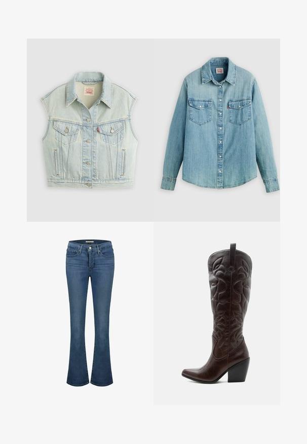 Lyseblå ærmeløs denimvest med knapper foran, to brystlommer med klapper og krave, lagt fladt på en lys baggrund.; Lyseblå denimskjorte med klassisk krave, knaplukning foran, to brystlommer og manchetter med knap samt en let buet kant forneden.; Blå denim flare jeans med en mid-rise talje, har stikninger, to frontlommer og en baglomme.; Høj mørkebrun læder cowboystøvle med syede dekorative mønstre, spids tå og stablet blokhæle.