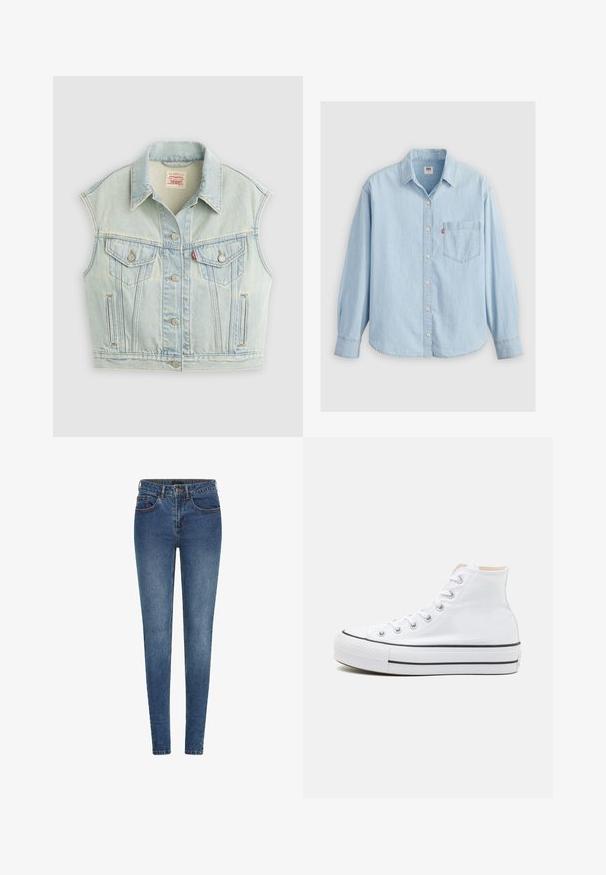Veste en denim bleu clair sans manches avec boutonnière sur le devant, deux poches poitrine à rabats et col, posée à plat sur un fond clair.; Chemise en denim bleu clair avec un col pointu, des manches longues, un bouton de fermeture et une poche poitrine arborant une petite étiquette logo.; Jean skinny en denim bleu foncé, avec une taille mi-haute, cinq poches et des coutures contrastantes. Texture lisse avec un léger stretch.; Baskets montantes blanches en toile, semelle en caoutchouc noir et bande noire contrastante sur la semelle intermédiaire. Bout rond et design à lacets.