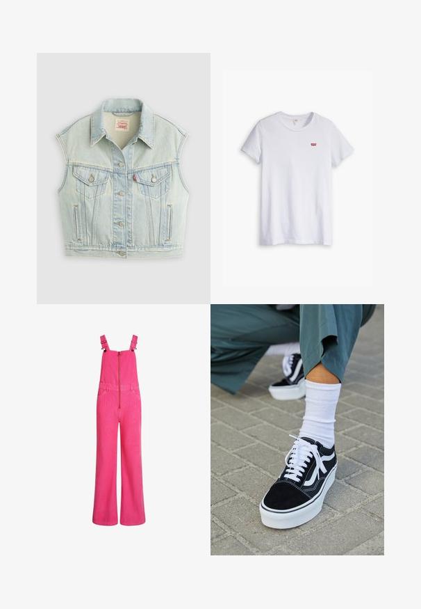 Veste en denim bleu clair sans manches avec boutonnière sur le devant, deux poches poitrine à rabats et col, posée à plat sur un fond clair.; T-shirt en coton blanc à manches courtes et col rond. Présente un petit logo rouge Levi's sur la partie gauche de la poitrine.; Salopette en velours côtelé rose vif à jambes larges avec bretelles réglables, fermeture éclair frontale et poches latérales, présentée sur un fond blanc.; Baskets en suède noir avec des accents et des lacets blancs, présentant une épaisse semelle blanche et des coutures contrastantes, associées à une chaussette blanche.