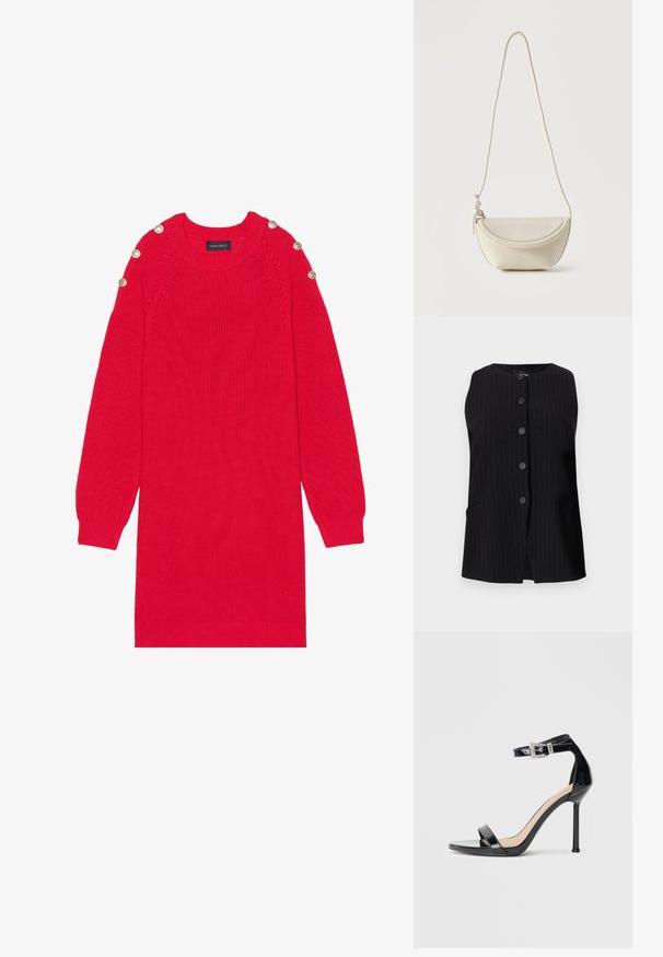 Veste noire sans manches avec fines rayures verticales, cinq boutons noirs sur le devant, et deux poches avant sur un fond clair.; Robe en tricot rouge avec des manches longues, des poignets côtelés et des boutons aux épaules. Elle possède un col rond et une coupe décontractée.; Sandale à talon haut en cuir verni noir avec bride à la cheville. Présente un design minimaliste, un bout ouvert et une boucle ornée de strass.; Petit sac bandoulière en cuir crème avec rabat incurvé et longue lanière fine suspendu sur un fond uni.