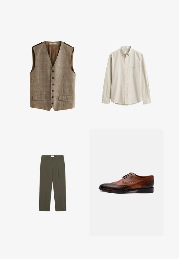 Chaleco de hombre de cuadros marrón y beige con cinco botones y dos bolsillos frontales con solapa, con un escote en V profundo y forro trasero marrón sólido.; Camisa beige y blanca de rayas verticales, de manga larga, con botones, cuello y bolsillo en el pecho, presentada plana sin persona.; Pantalones verde oliva con rayas verticales, que cuentan con una cintura entallada, pliegues y un diseño de pierna recta. Textura suave.; Zapato de vestir de hombre de cuero marrón bicolor con detalles brogue y cierre con cordones visto de lado sobre fondo blanco.