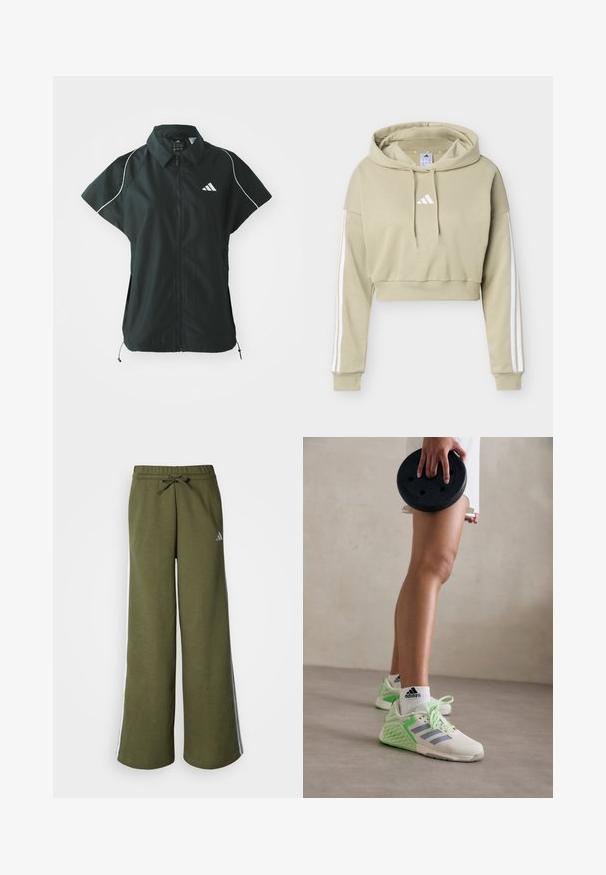 adidas Sportswear STADIUM COVER - Γιλέκο - black/off-white; Μπεζ cropped φούτερ με λευκό λογότυπο Adidas στο στήθος και τρεις λευκές ρίγες σε κάθε μανίκι, με κουκούλα και κορδόνι.; Φαρδιά παντελόνια joggers σε ελιά πράσινο χρώμα, κατασκευασμένα από μαλακό ύφασμα, με ελαστική μέση με κορδόνι και λευκές πλευρικές ρίγες. Λογότυπο Adidas σε ασημί.; Ελαφριά αθλητικά παπούτσια με χρώμα κρέμα και μέντα, πλέγμα πάνω μέρος, υφή στα πλάγια και κορδόνια για ασφαλή εφαρμογή.