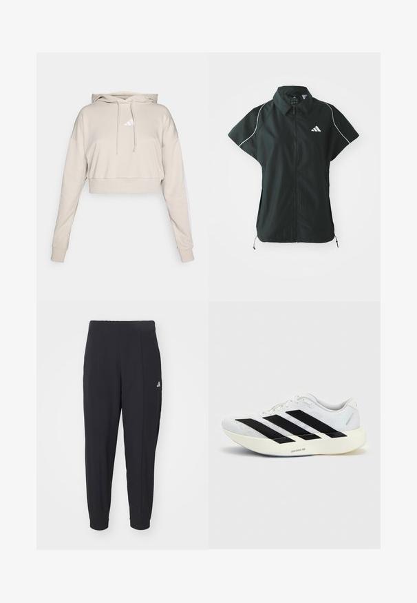 adidas Sportswear STADIUM COVER - Vest - black/off-white; Kreemikas hallikas lühike dressipluus kapuutsiga, millel on valge kolmnurkne logo ja valged küljestriibid. Valmistatud pehmest, tekstuursetest kangast.; Mustad mustreeritud sportpüksid, mis on valmistatud siledast kangast. Kitsenev disain elastsete mansettidega. Vasakul puusal on väike valge logo.; Valge jooksujalanõu musta kolme triibu disainiga küljel ja paksu valge tallaga, millel on silt "Lightstrike Pro" ühtlasel taustal.
