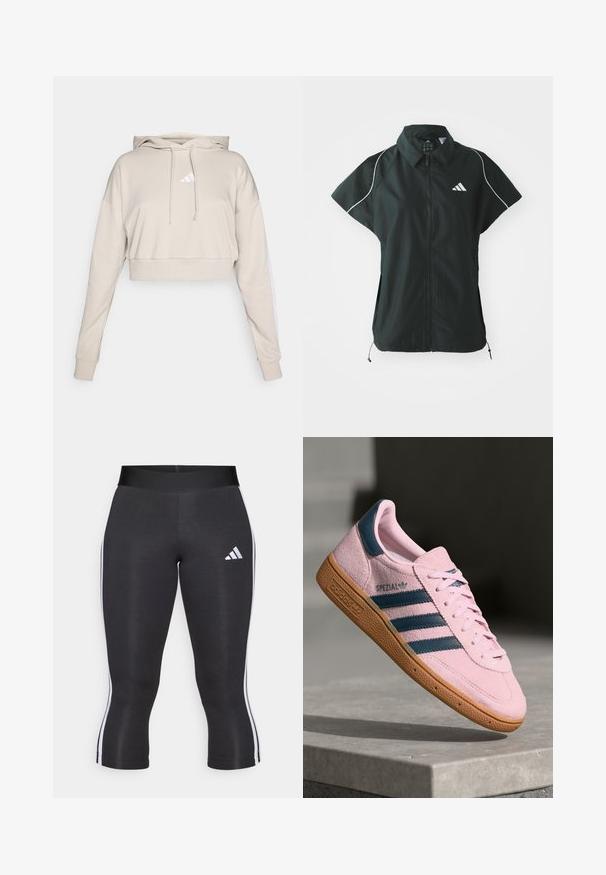 adidas Sportswear STADIUM COVER - Vest - black/off-white; Lys beige cropped sweatshirt med hætte, med et hvidt trekantet logo og hvide side striber. Lavet af blødt, tekstureret stof.; Sorte capri leggings med en bred talje, udstyret med hvide sideløsninger og et hvidt Adidas-logo på venstre lår. Glat tekstur.; Lyserød ruskindssneaker med marineblå tre striber, gummisål og lyserøde snørebånd. Har "SPEZIAL"-branding på siden.