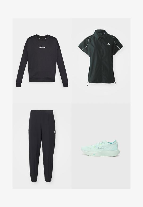adidas Sportswear STADIUM COVER - Vest - black/off-white; Mustad must Adidas särk pikal varrukatega, ümmarguse kaelusega ja valge logoga rinnal. Valmistatud pehmest kangast, millel on soonikkoes varrukaotsad ja alläär.; Mustad mustreeritud sportpüksid, mis on valmistatud siledast kangast. Kitsenev disain elastsete mansettidega. Vasakul puusal on väike valge logo.; Heledsinine jooksutoss, millel on võrgust ülemine osa, tekstureeritud tald ja pehmendatud kaelus. Omaduseks neoonaktsendid ja voolujooneline disain.