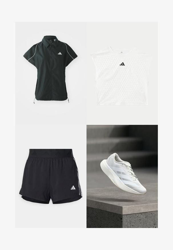 adidas Sportswear STADIUM COVER - Vest - black/off-white; Hvid Adidas kortærmet atletisk skjorte med tekstureret prikmønster og sort Adidas-logo centreret på brystet.; Sorte sport shorts med elastisk talje, der har et tekstureret bånd, sidestreger og et hvidt Adidas-logo på den nederste kant.; Hvid atletiksko med en struktureret overlæder, tre laterale striber, polstret sål og rundet tå, placeret over en betongulv.