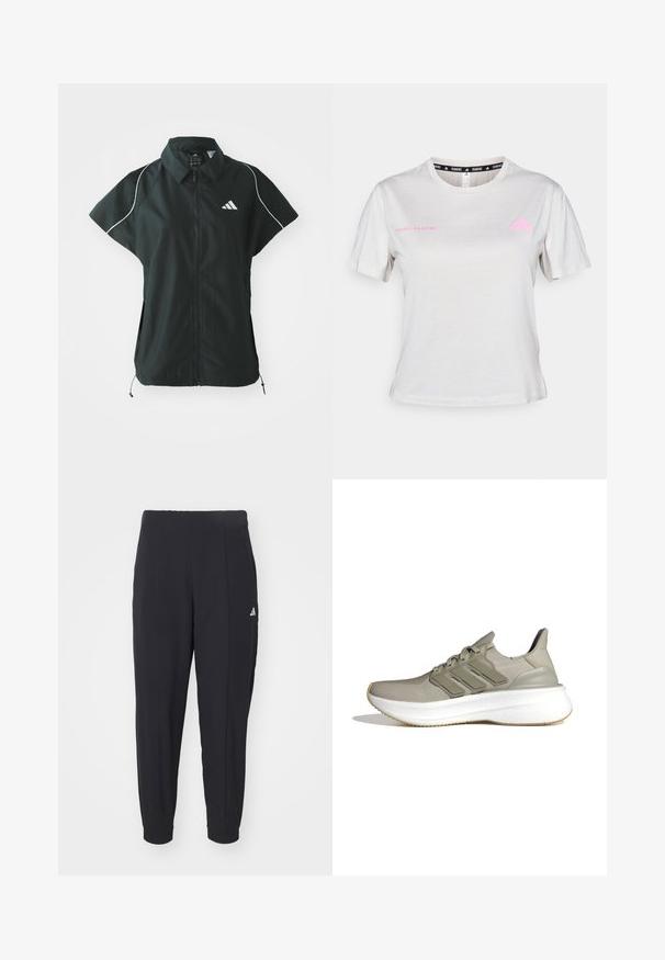 adidas Sportswear STADIUM COVER - Bodywarmer - black/off-white; Lichtgrijze T-shirt met korte mouwen, met een ronde hals, "ADIDAS RUNNING" in het roze gedrukt, met het roze Adidas-logo op de borst. Zachte stofstructuur.; Zwarte sportbroek gemaakt van een gladde stof. Tapervormig ontwerp met elastische boorden. Voorzien van een klein wit logo op de linkerheup.; Lichtgrijze sportschoenen met een bovenwerk van mesh, drie horizontale strepen, een gepolsterde kraag en een witte gestructureerde tussenzool. Rubberen buitenzool.