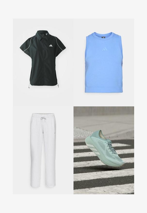 adidas Sportswear STADIUM COVER - Γιλέκο - black/off-white; Μπλε αμάνικη αθλητική μπλούζα φτιαγμένη από μαλακό, ελαστικό ύφασμα. Διαθέτει στρογγυλή λαιμόκοψη και τονικό λογότυπο στο μπροστά μέρος.; Λευκά, ίσια παντελόνια φόρμας με ελαστική μέση, κορδόνι και διακριτική υφή. Διαθέτει μικρό λογότυπο στην αριστερή πλευρά.; Ανοιχτό μπλε αθλητικό παπούτσι με λευκές ρίγες στον αέρα πάνω από μία μαύρη και άσπρη ραβδωτή διάβαση σε άσφαλτο.
