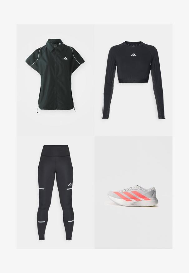 adidas Sportswear STADIUM COVER - Γιλέκο - black/off-white; Μαύρος κοντός μανίκι επαγγελματικός τοπ από απαλό ύφασμα. Διαθέτει λευκό λογότυπο στο στήθος και ριγέ λεπτομέρειες στους μανίκια.; Μαύρες κολάν με ψηλή μέση, κατασκευασμένες από λείο υλικό. Διαθέτουν λευκές ανακλαστικές ρίγες κοντά στα γόνατα και το λογότυπο της Adidas.; Γκρι αθλητικό παπούτσι με φωτεινές ροζ λωρίδες, ελαφρύ άνω μέρος από δίχτυ, ανακλαστικές λεπτομέρειες και υφή στη σόλα για πρόσφυση.