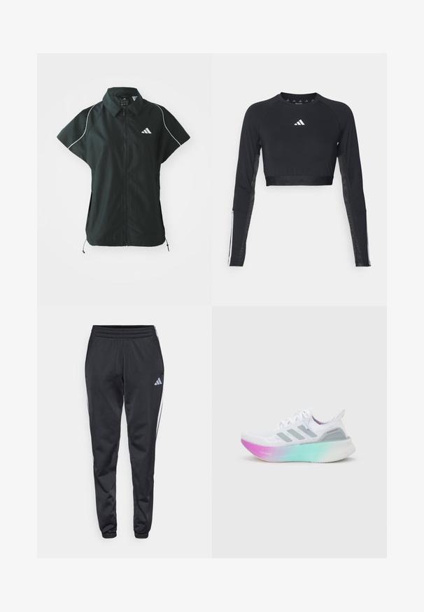 adidas Sportswear STADIUM COVER - Veste sans manches - black/off-white; Haut d'entraînement noir à manches longues et coupé, en tissu lisse. Présente un logo blanc sur la poitrine et des accents rayés sur les manches.; Pantalons de sport noirs avec une taille élastique, des jambes effilées et des bandes latérales blanches. Présente un petit logo gris en forme de trèfle sur la cuisse gauche.; Chaussure de course Adidas blanche avec des bandes grises et une semelle épaisse passant du rose au vert, arborant les textes "Lightboost" et "Ultraboost".
