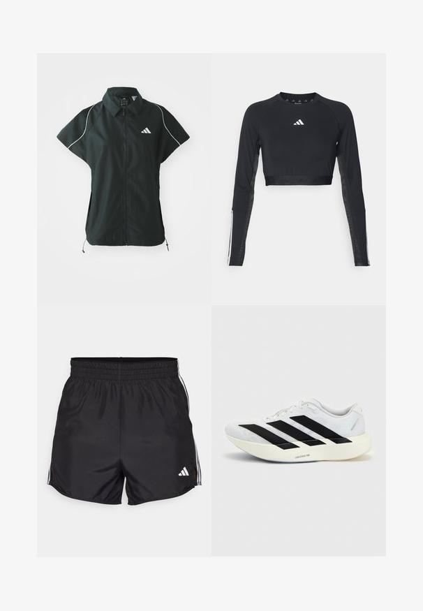 adidas Sportswear STADIUM COVER - Vesta - black/off-white; Čierny krátky športový top s dlhým rukávom vyrobený z hladkej textílie. Obsahuje biele logo na hrudi a pruhované detaily na rukávoch.; Čierne športové šortky s elastickým pásom, bočnými rozparkami a bielymi trojpruhmi. Obsahujú malé biele logo v dolnom pravom rohu.; Biela bežecká topánka s čiernym dizajnom so tromi pruhmi na boku a hrubou bielou podrážkou označenou "Lightstrike Pro" na jednofarebnom pozadí.