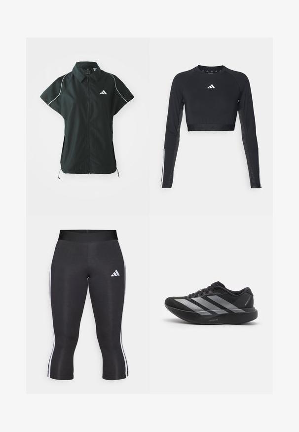 adidas Sportswear STADIUM COVER - Vesta - black/off-white; Čierny krátky športový top s dlhým rukávom vyrobený z hladkej textílie. Obsahuje biele logo na hrudi a pruhované detaily na rukávoch.; Čierne capri legíny s širokým pásom, so bielymi bočnými pruhmi a bielym logom Adidas na ľavom stehne. Hladká textúra.; Čierne bežecké topánky so striebornými pruhmi, s hrubou polstrovanou podrážkou označenou "Lightstrike Pro," bočný pohľad na bielom pozadí.