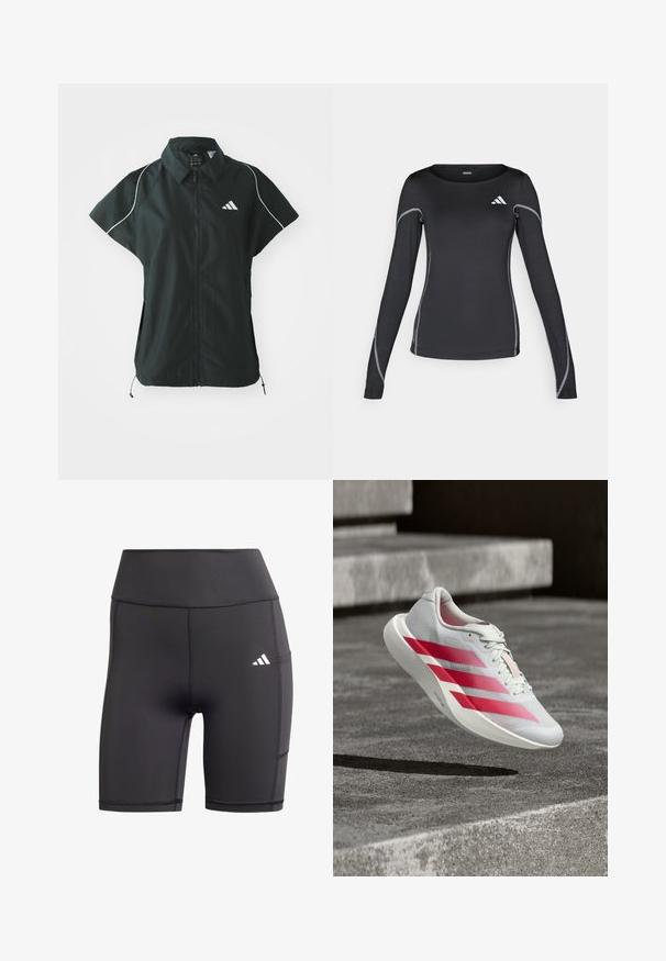 adidas Sportswear STADIUM COVER - Γιλέκο - black/off-white; Μαύρο αθλητικό μπλουζάκι με μακριά μανίκια και στρογγυλή λαιμόκοψη, με ανακλαστική ασημένια ραφή. Διαθέτει μικρό λευκό λογότυπο στην επάνω αριστερή πλευρά.; Μαύρο αθλητικό σορτς από ελαστικό υλικό, με ψηλή μέση, επίπεδες ραφές και άσπρο λογότυπο στην αριστερή πλευρά του ισχίου.; Άσπρο αθλητικό παπούτσι με τρεις τολμηρές κόκκινες ρίγες, στον αέρα πάνω από σκάλες από σκυρόδεμα, που παρουσιάζει ελαφρύ σχεδιασμό και υφή στην σόλα.
