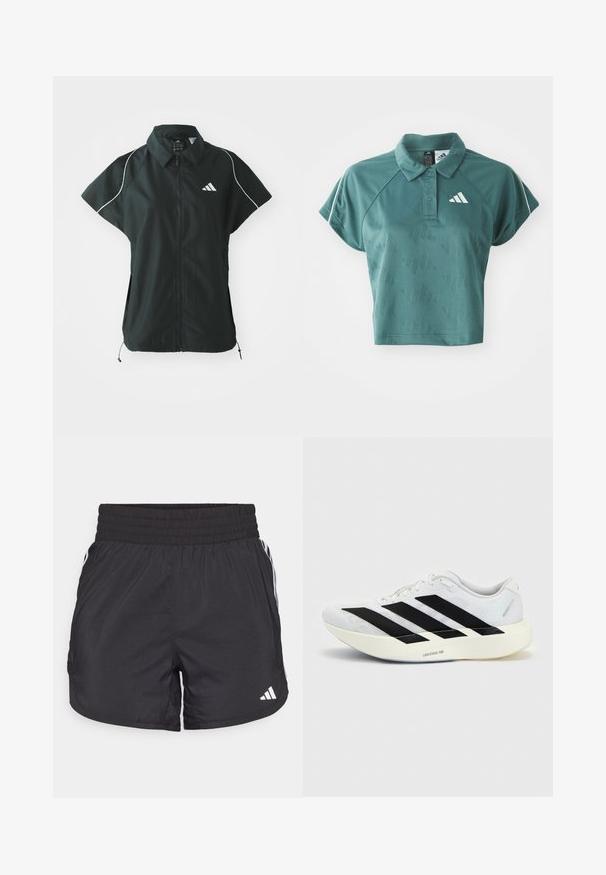 adidas Sportswear STADIUM COVER - Vesta - black/off-white; Zelená skrátená polokošeľa s textúrovaným vzorom, krátkymi rukávmi a bielym logom na ľavej strane hrudníka. Koľ aj s gombíkmi a kontrastným lemovaním.; Čierne športové šortky s elastickým pásom, bočnými vreckami a bielymi pruhmi po stranách. Vyrobené z ľahkého materiálu.; Biela bežecká topánka s čiernym dizajnom so tromi pruhmi na boku a hrubou bielou podrážkou označenou "Lightstrike Pro" na jednofarebnom pozadí.