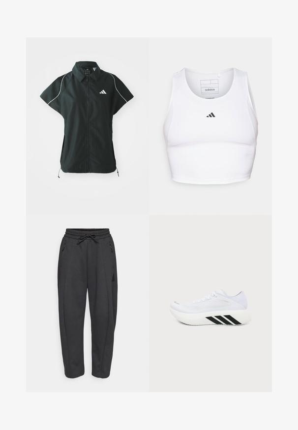 adidas Sportswear STADIUM COVER - Vest - black/off-white; Hvid atletisk crop top lavet af letvægts, åndbart stof. Har mesh-sider og sort broderet logo på brystet.; Sorte træningsbukser med elastisk talje, snor, sidelommer med lynlås og tapered ben. Fremstillet af et blødt, struktureret stof.; Hvid atletiksko med tyk sål, sorte diagonale striber på mellemsålen, mesh overdel og snørebånd, vist fra siden mod en ensfarvet baggrund.