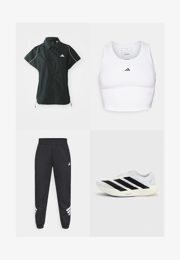 adidas Sportswear STADIUM COVER - Vest - black/off-white; Hvid atletisk crop top lavet af letvægts, åndbart stof. Har mesh-sider og sort broderet logo på brystet.; Sorte sweatpants med elastisk talje, tapered ben og hvidt tre-stribedesign på siderne. Lavet af blødt stof.; Hvid løbesko med sort tre-stribet design på siden og tyk hvid sål mærket "Lightstrike Pro" på ensfarvet baggrund.