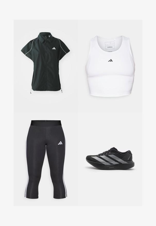 adidas Sportswear STADIUM COVER - Vesta - black/off-white; Biely športový crop top vyrobený z ľahkej, priedušnej tkaniny. Obsahuje sieťované bočné panely a čierne vyšitý logo na hrudi.; Čierne capri legíny s širokým pásom, so bielymi bočnými pruhmi a bielym logom Adidas na ľavom stehne. Hladká textúra.; Čierne bežecké topánky so striebornými pruhmi, s hrubou polstrovanou podrážkou označenou "Lightstrike Pro," bočný pohľad na bielom pozadí.