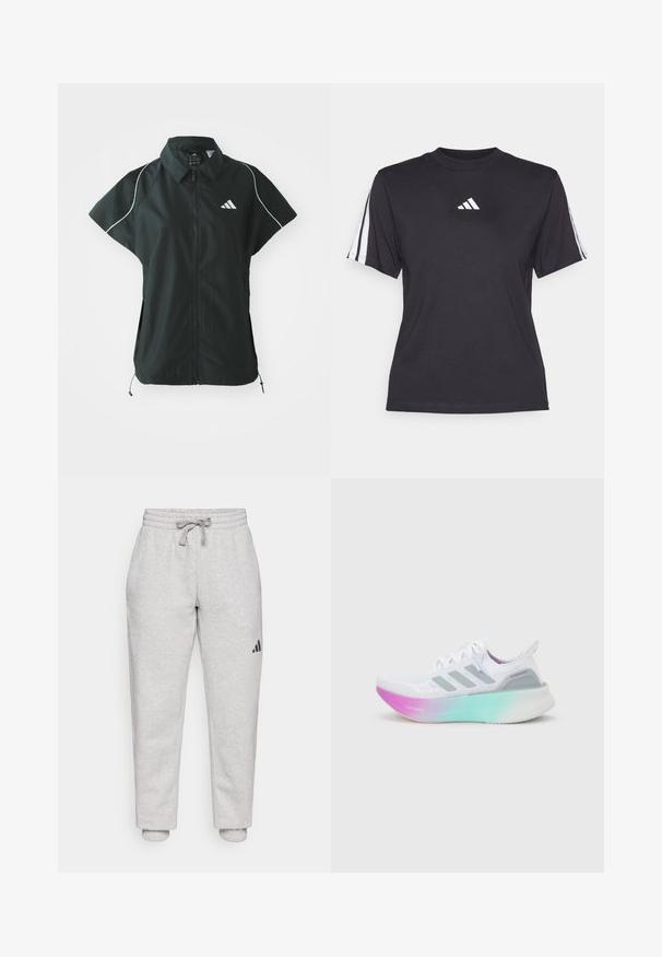 adidas Sportswear STADIUM COVER - Chaleco - black/off-white; Camiseta atlética negra de tejido suave, con cuello redondo, mangas cortas y tres rayas blancas en cada hombro. Logo blanco en el pecho.; Pantalones de chándal gris claro con cintura elástica y cordón. Tobillos ajustados. Detalle de logo negro en la pierna izquierda. Material de algodón suave.; Zapatilla de running blanca de Adidas con rayas grises y una suela gruesa que cambia de color de rosa a verde, con texto "Lightboost" y "Ultraboost".