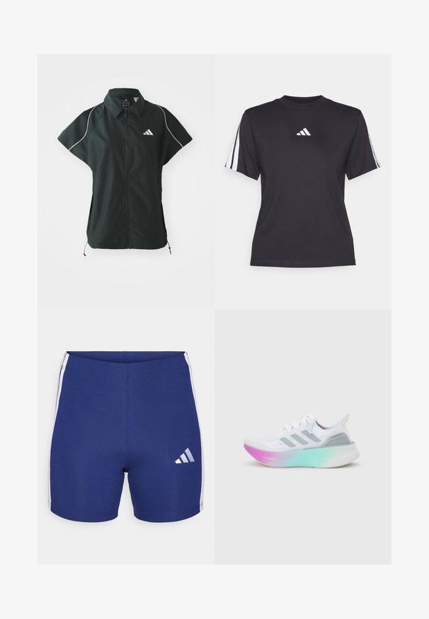 adidas Sportswear STADIUM COVER - Vest - black/off-white; Sort atletisk T-shirt lavet af blødt stof, med rund halsudskæring, korte ærmer og tre hvide striber på hver skulder. Hvidt logo på brystet.; Mørkeblå sportsshorts lavet af strækbart stof med hvide sidestriber og et reflekterende Adidas-logo på venstre ben.; Hvid Adidas løbesko med grå striber og en tyk sål, der går fra pink til grøn, med teksten "Lightboost" og "Ultraboost".