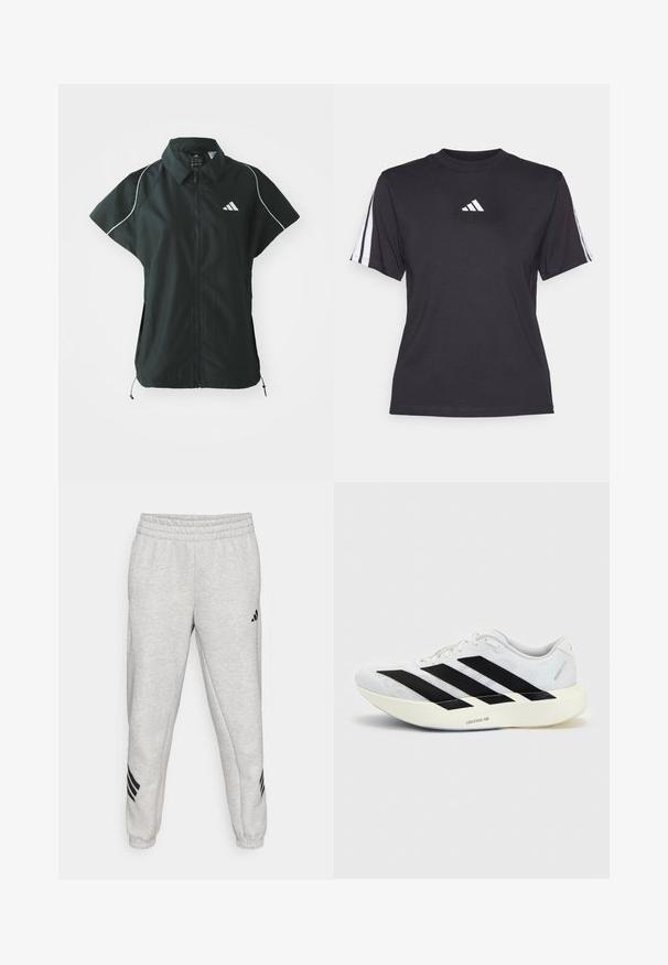 adidas Sportswear STADIUM COVER - Vesta - black/off-white; Čierne športové tričko vyrobené z mäkkého materiálu, s klasickým okrúhlym výstrihom, krátkymi rukávmi a tromi bielymi pruhmi na každom ramene. Biely logo na hrudi.; Svetlo sivé tepláky s rebrovaným elastickým pásom, zúženými nohavicami a tromi čiernymi diagonálnymi pruhmi blízko koncov nohavíc. Hladká textúra.; Biela bežecká topánka s čiernym dizajnom so tromi pruhmi na boku a hrubou bielou podrážkou označenou "Lightstrike Pro" na jednofarebnom pozadí.