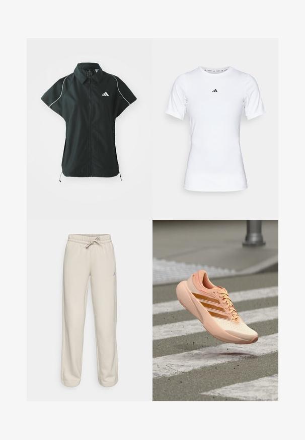 adidas Sportswear STADIUM COVER - Γιλέκο - black/off-white; Λευκό αθλητικό μπλουζάκι με κοντά μανίκια, φτιαγμένο από λείο, ελαστικό ύφασμα. Διαθέτει το μικρό μαύρο λογότυπο της Adidas στο στήθος.; Μπεζ φόρμες με ελαστική μέση και κορδόνι, διαθέτοντας χαλαρή εφαρμογή και μικρό μπλε λογότυπο στη αριστερή πλευρά. Μαλακή υφή υφάσματος.; Ανοιχτό ροδακινί αθλητικό παπούτσι με πορτοκαλί ρίγες, στον αέρα πάνω από μια υφασμένη διάβαση πεζών σε ασφαλτοστρωμένο δρόμο.