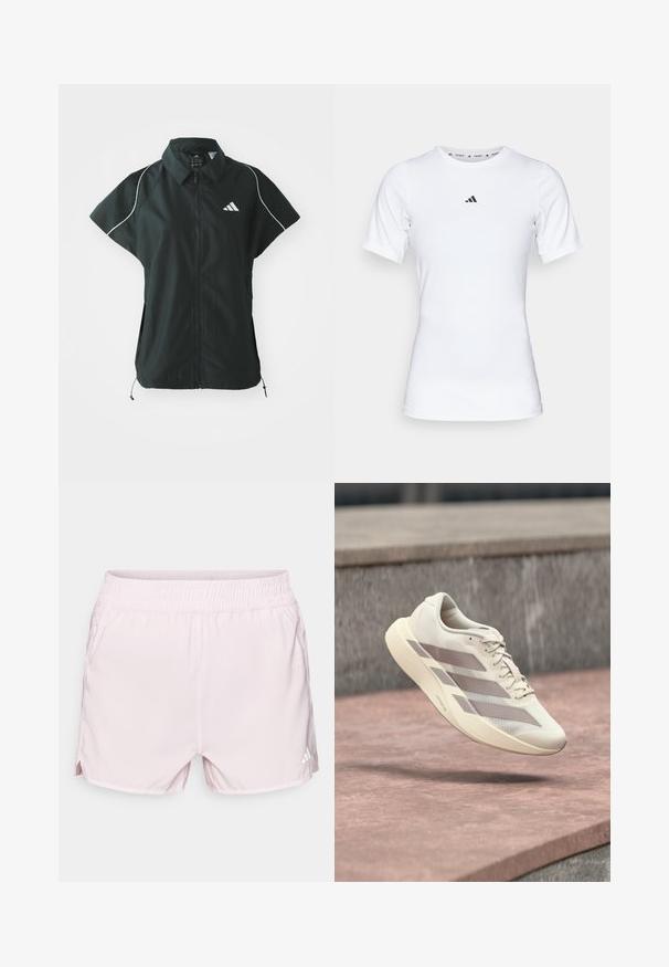 adidas Sportswear STADIUM COVER - Vest - black/off-white; Hvid atletisk skjorte med korte ærmer, lavet af glat, strækbart stof. Har et lille sort Adidas-logo på brystet.; Lyserøde træningsshorts med elastisk talje, letvægtsstof, sideslids og et lille hvidt logo nederst til højre.; Kremfarvet løbesko med taupe-striber, der svæver over en rødbrun flisebelagt overflade og en grå stenmurstensbaggrund.