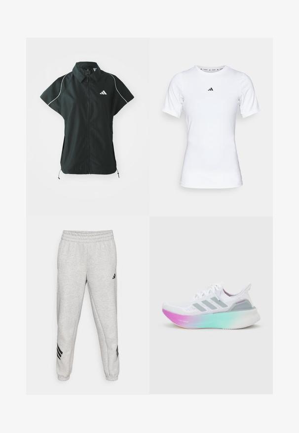 adidas Sportswear STADIUM COVER - Bodywarmer - black/off-white; Witte sportshirt met korte mouwen, gemaakt van zachte, rekbare stof. Voorzien van een klein zwart Adidas-logo op de borst.; Lichtgrijze sweatpants met een geribbelde elastische tailleband, taps toelopende pijpen en drie zwarte diagonale strepen nabij de manchetten. Soepele textuur.; Witte Adidas hardloopschoen met lichtblauwe en roze verloopzool, drie grijze zijstrepen en een bovenwerk van gebreide stof met veters.