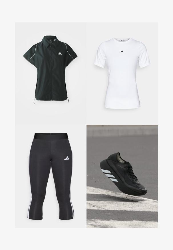 adidas Sportswear STADIUM COVER - Vest - black/off-white; Hvid atletisk skjorte med korte ærmer, lavet af glat, strækbart stof. Har et lille sort Adidas-logo på brystet.; Sorte capri leggings med en bred talje, udstyret med hvide sideløsninger og et hvidt Adidas-logo på venstre lår. Glat tekstur.; Sort løbesko med hvide striber på sålen, svævende over asfalt med hvide vejstriber og slynter små stykker op.