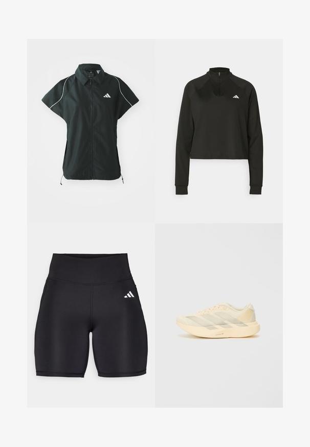 adidas Sportswear STADIUM COVER - Vest - black/off-white; Sort quarter-zip trøje lavet af glat stof med lange ærmer, med en høj krave og et hvidt logo på venstre bryst.; Sorte atletiske shorts lavet af strækbart stof, med en høj talje, en glat tekstur og et hvidt tre-stribe logo på siden.; Letvægts atletisk sko i lys gul og creme, med en tekstureret mesh-overdel, tre diagonale striber og en tyk sål med "LIGHTSTRIKE PRO" detalje.