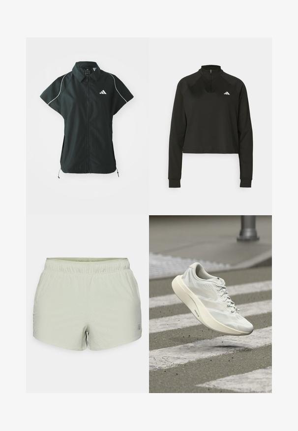 adidas Sportswear STADIUM COVER - Vest - black/off-white; Sort quarter-zip trøje lavet af glat stof med lange ærmer, med en høj krave og et hvidt logo på venstre bryst.; Lys grønne atletiske shorts lavet af åndbart stof, med perforeret tekstur og elastisk talje. Logo trykt på siden.; Hvid sportssko i luften over et fodgængerfelt på en grå asfaltvej med små affaldsstykker spredt nedenunder.