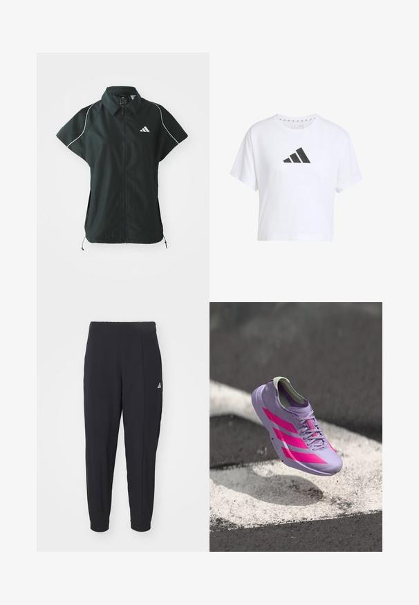 adidas Sportswear STADIUM COVER - Veste sans manches - black/off-white; T-shirt blanche cropped en coton avec un logo noir à trois bandes sur le devant, présentant des manches courtes et un col rond.; Pantalons de sport noirs en tissu lisse. Design ajusté avec des poignets élastiques. Présente un petit logo blanc sur la hanche gauche.; Chaussure de course violet clair avec des rayures et des accents roses, dotée d'un design élégant, d'une tige texturée et d'un col rembourré. Flottant au-dessus d'une surface.