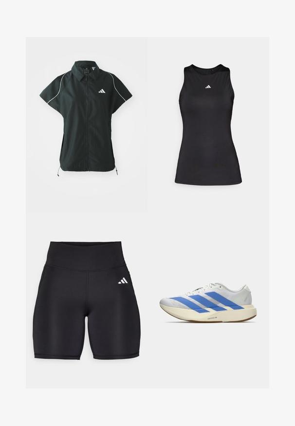 adidas Sportswear STADIUM COVER - Bodywarmer - black/off-white; Zwart mouwloos sporttop gemaakt van gladde stof. Heeft een ronde halslijn en een klein wit Adidas-logo op de borst.; Zwarte sportshorts van rekbaar materiaal, met een hoge tailleband, een gladde textuur en een wit logo met drie strepen aan de zijkant.; Witte hardloopschoen met drie blauwe strepen, lichtbeige dikke zool met label "Lightstrike Pro," en witte veters op een effen achtergrond.