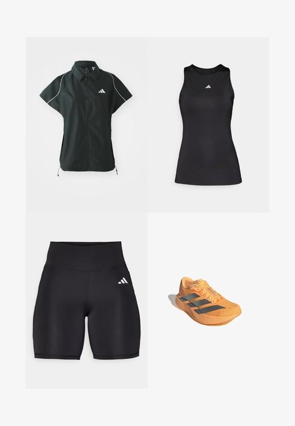 adidas Sportswear STADIUM COVER - Vest - black/off-white; Sort ærmeløs atletisk top lavet af glat stof. Har en rund halsudskæring og et lille hvidt Adidas-logo på brystet.; Sorte atletiske shorts lavet af strækbart stof, med en høj talje, en glat tekstur og et hvidt tre-stribe logo på siden.; Adizero løbesko i lys orange med et struktureret overdel, tre grå striber og en let sål for forbedret ydeevne.