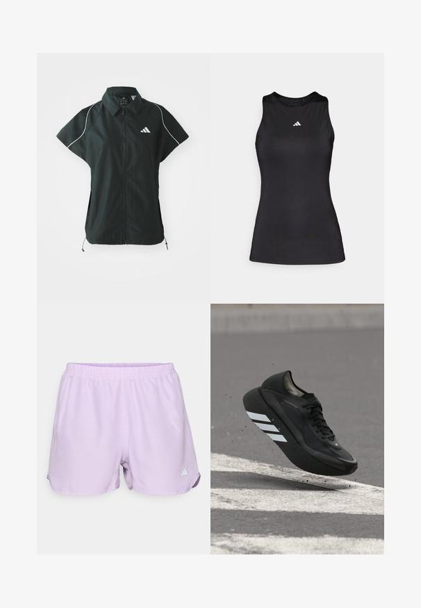 adidas Sportswear STADIUM COVER - Vest - black/off-white; Sort ærmeløs atletisk top lavet af glat stof. Har en rund halsudskæring og et lille hvidt Adidas-logo på brystet.; Lavendel sportshorts med elastisk talje, fugtabsorberende materiale og et lille hvidt logo nederst til højre.; Sort løbesko med hvide striber på sålen, svævende over asfalt med hvide vejstriber og slynter små stykker op.