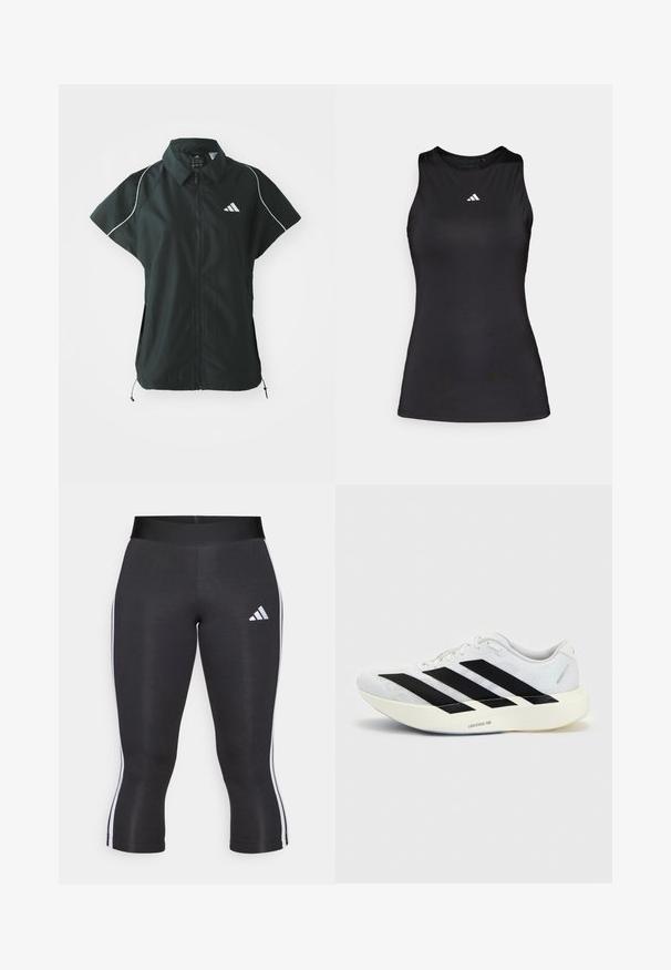 adidas Sportswear STADIUM COVER - Bodywarmer - black/off-white; Zwart mouwloos sporttop gemaakt van gladde stof. Heeft een ronde halslijn en een klein wit Adidas-logo op de borst.; Zwarte capri leggings met een brede tailleband, voorzien van witte zijkanten en een wit Adidas logo op de linker dij. Glad textuur.; Witte hardloopschoen met zwart drie-strepen ontwerp aan de zijkant en dikke witte zool met label "Lightstrike Pro" op een effen achtergrond.