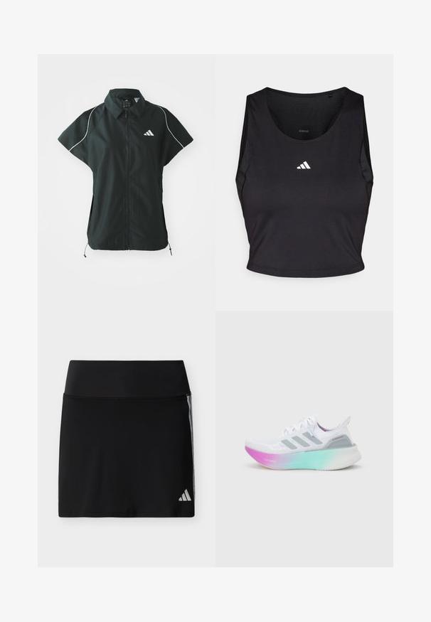 adidas Sportswear STADIUM COVER - Vest - black/off-white; Sort sports crop top lavet af fugttransporterende stof, med rund hals, ærmeløs design og hvidt logo på brystet.; Sort atletisk nederdel med bred talje, diskrete sidestriber og et lille Adidas-logo nederst til højre.; Hvid Adidas løbesko med grå striber og en tyk sål, der går fra pink til grøn, med teksten "Lightboost" og "Ultraboost".