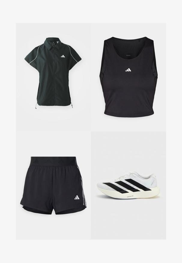 adidas Sportswear STADIUM COVER - Vest - black/off-white; Sort sports crop top lavet af fugttransporterende stof, med rund hals, ærmeløs design og hvidt logo på brystet.; Sorte sport shorts med elastisk talje, der har et tekstureret bånd, sidestreger og et hvidt Adidas-logo på den nederste kant.; Hvid løbesko med sorte tre striber på siden, polstret sål mærket Lightstrike Pro og snørelukning.