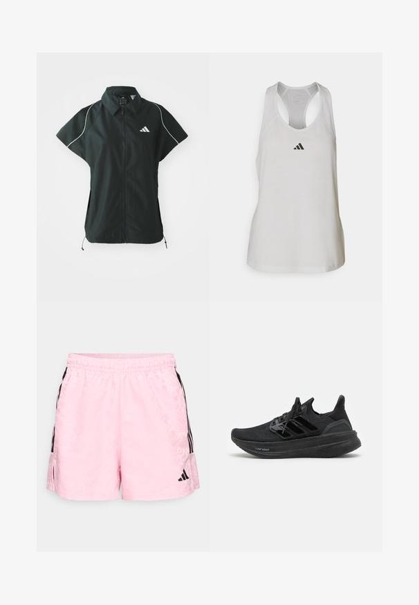 adidas Sportswear STADIUM COVER - Liivi - black/off-white; Valkoinen urheilullinen tankotoppi, joka on valmistettu kevyestä kankaasta ja jossa on urheilullinen racerback-muotoilu. Rinnassa pieni musta logo.; adidas Sportswear TIRO - Urheilushortsit - true pink/black; Mustat urheilukengät, joissa on hengittävä neulepäällinen, teksturoitu muotoilu, tavaramerkin kolme raitaa ja paksu, pehmustettu pohja, jossa on merkintä "LIGHT BOOST."
