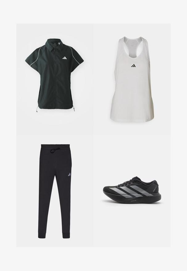 adidas Sportswear STADIUM COVER - Chaleco - black/off-white; Camiseta deportiva blanca de tirantes, confeccionada en un tejido ligero, con un diseño de espalda cruzada y un pequeño logo negro en el pecho.; Pantalones deportivos negros hechos de una tela suave, con cintura elástica y cordón, piernas ajustadas y un pequeño logo blanco de Adidas en el muslo izquierdo.; Zapatilla de running negra con rayas plateadas, suela gruesa y acolchada etiquetada como "Lightstrike Pro", vista lateral sobre fondo blanco.