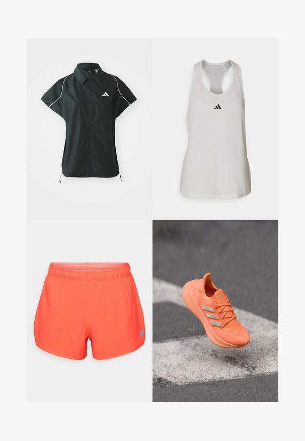 adidas Sportswear STADIUM COVER - Γιλέκο - black/off-white; Λευκή αθλητική αμάνικη μπλούζα φτιαγμένη από ελαφρύ ύφασμα, με σχέδιο racerback και ένα μικρό μαύρο λογότυπο στο στήθος.; Ανδρικά σορτς τρεξίματος σε φωτεινό κοραλί, κατασκευασμένα από αναπνεύσιμο ύφασμα με διάτρητη υφή. Διαθέτουν ελαστική μέση και μπλε λογότυπο.; Φωτεινό πορτοκαλί αθλητικό παπούτσι με υφή στο πάνω μέρος, ανακλαστικές ασημί ρίγες και μαξιλαρωμένη σόλα, αιωρείται πάνω από μια γκρι επιφάνεια.