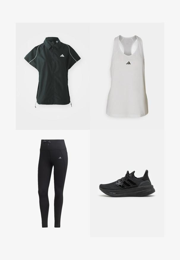 adidas Sportswear STADIUM COVER - Veste sans manches - black/off-white; Débardeur de sport blanc en tissu léger avec un dos nageur et un petit logo noir sur la poitrine.; Leggings noirs avec taille haute, cordon de serrage et poches latérales. Fabriqués à partir d'un tissu lisse avec un accent de logo réfléchissant.; Baskets de sport noires avec une tige en tricot respirant, un design texturé, les trois bandes emblématiques et une semelle épaisse et rembourrée portant l'étiquette "LIGHT BOOST".