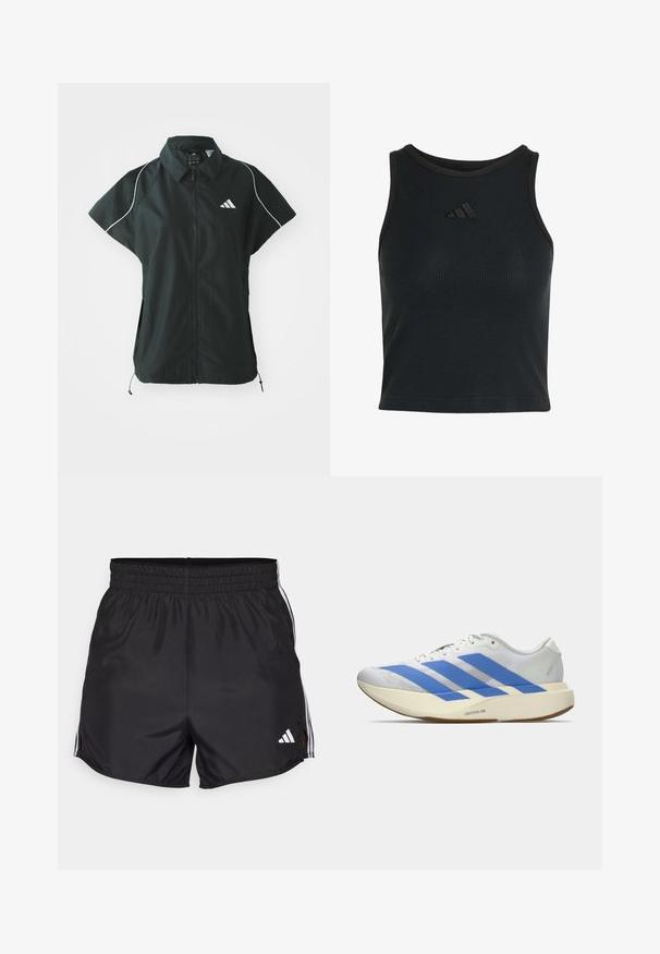 adidas Sportswear STADIUM COVER - Chaleco - black/off-white; Top corto sin mangas de canalé negro con cuello redondo alto y pequeño logo negro de Adidas centrado en el pecho.; Pantalones cortos deportivos negros con cintura elástica, aberturas laterales y acentos en blanco con tres franjas. Presenta un pequeño logo blanco en la parte inferior derecha.; Zapatilla blanca para correr con tres rayas azules, suela gruesa beige claro etiquetada con "Lightstrike Pro," y cordones blancos sobre un fondo sencillo.