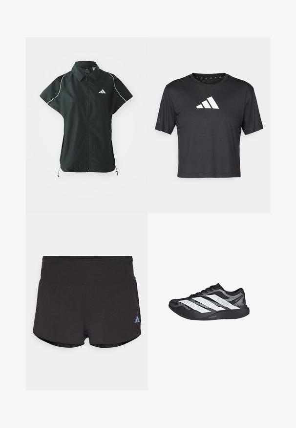 adidas Sportswear STADIUM COVER - Vesta - black/off-white; Čierne skrátené tričko z hladkej tkaniny, s bielym logom Adidas na hrudi, okrúhlym výstrihom a krátkymi rukávmi.; Čierne športové šortky s textúrovaným povrchom, so širokým pásom a svetlomodrým logom Adidas na dolnej ľavej strane.; Čierno-sivá bežecká obuv s tromi veľkými bielymi pruhmi na boku a hrubou čiernou podrážkou označenou "Lightstrike Pro".
