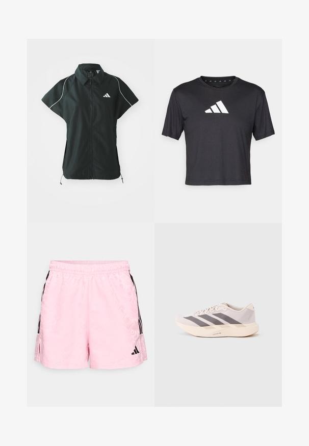 adidas Sportswear STADIUM COVER - Bodywarmer - black/off-white; Zwarte cropped t-shirt van gladde stof, met een witte Adidas-logo op de borst, ronde halslijn en korte mouwen.; adidas Sportswear TIRO - Korte broeken - true pink/black; Lichtgewicht sportieve sneakers in lichtroze en grijs, met een bovenwerk van mesh, drie donkere strepen, en een dikke crèmekleurige zool met het opschrift "LIGHTSTRIKE PRO".