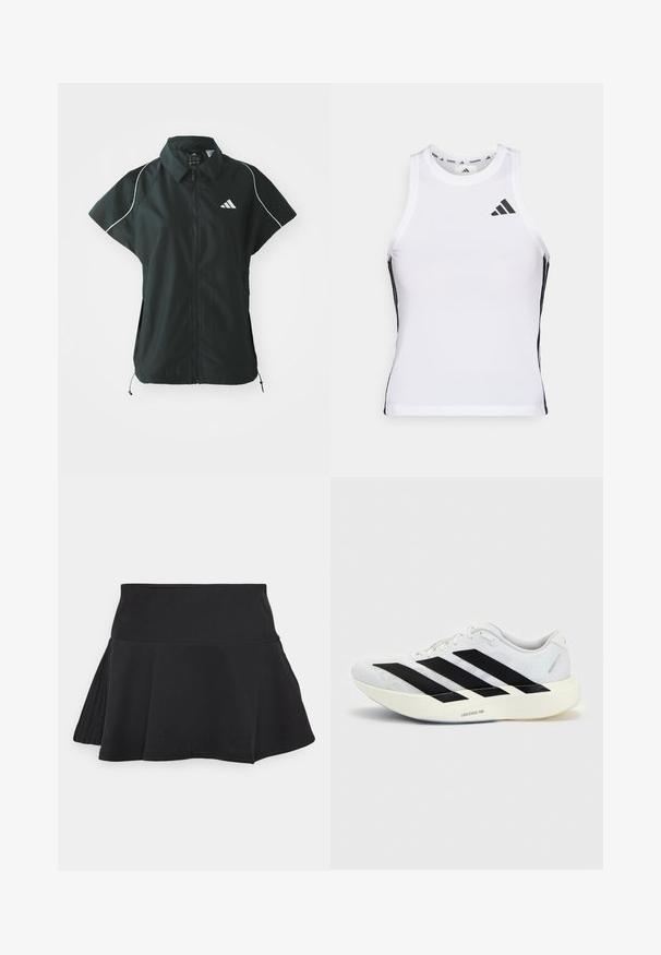 adidas Sportswear STADIUM COVER - Γιλέκο - black/off-white; Λευκό αθλητικό αμάνικο μπλουζάκι με μαύρες πλαϊνές λεπτομέρειες και λογότυπο. Διαθέτει στρογγυλή λαιμόκοψη και εφαρμοστή γραμμή, κατασκευασμένο από ελαφρύ και αερόβιο υλικό.; adidas Sportswear SKIRT - Αθλητική φούστα - black; Λευκό αθλητικό παπούτσι με μαύρο σχέδιο τριών ρίγων στην πλευρά και παχιά λευκή σόλα με την ετικέτα "Lightstrike Pro" σε μονόχρωμο φόντο.