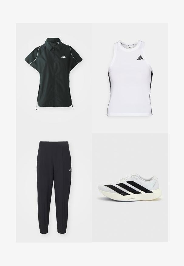 adidas Sportswear STADIUM COVER - Veste sans manches - black/off-white; Débardeur de sport blanc avec des accents latéraux noirs et un logo. Il présente une encolure arrondie et un design ajusté, fabriqué en matériau léger et respirant.; Pantalons de sport noirs en tissu lisse. Design ajusté avec des poignets élastiques. Présente un petit logo blanc sur la hanche gauche.; Chaussure de running blanche avec motif trois bandes noires sur le côté et semelle blanche épaisse étiquetée "Lightstrike Pro" sur fond uni.