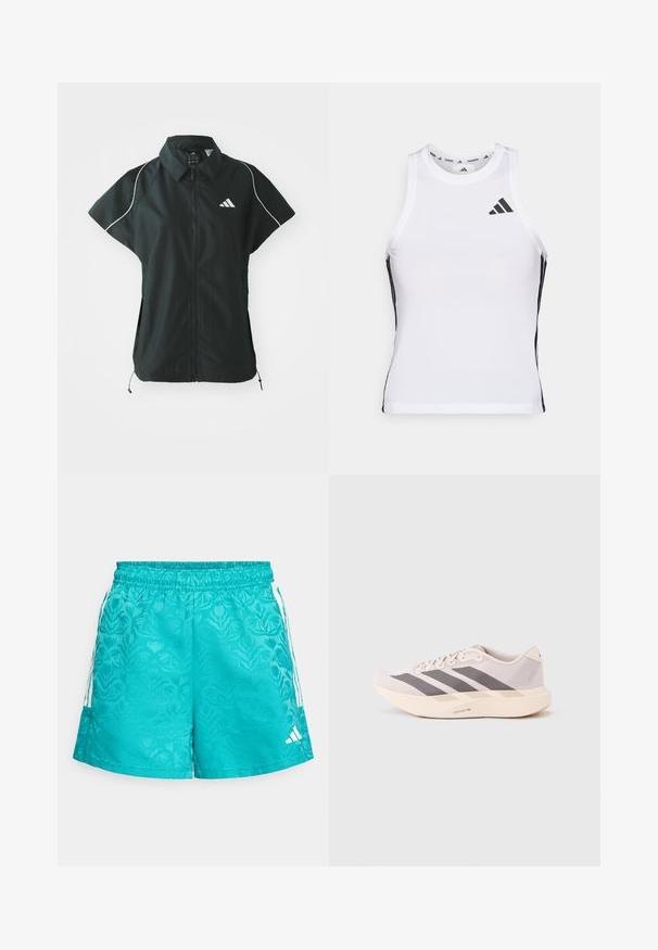 adidas Sportswear STADIUM COVER - Liivi - black/off-white; Valkoinen urheilullinen tank top, jossa on mustat sivuakkented ja logo. Ominaisuuksiin kuuluvat pyöreä pääntie ja tiukka muotoilu, valmistettu kevyestä ja hengittävästä materiaalista.; adidas Sportswear TIRO - Urheilushortsit - pure teal/white; Kevyet urheilujalkineet vaaleanpunaisessa ja harmaassa, joissa on verkkopäällinen, kolme tummaa raitaa ja paksu kerma-valkoinen pohja, jossa lukee "LIGHTSTRIKE PRO".