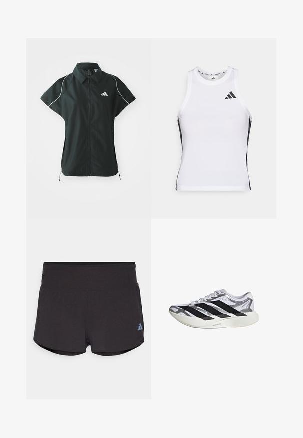 adidas Sportswear STADIUM COVER - Vesta - black/off-white; Biely športový tielko s čiernymi bočnými akcentami a logom. Má výstrih v tvare lode a priliehavý strih, vyrobené z ľahkého, priedušného materiálu.; Čierne športové šortky s textúrovaným povrchom, so širokým pásom a svetlomodrým logom Adidas na dolnej ľavej strane.; Biely a strieborný bežecký topánok s čiernymi pruhmi, bielymi šnúrkami a hrubou bielou podrážkou označenou "Lightstrike Pro".