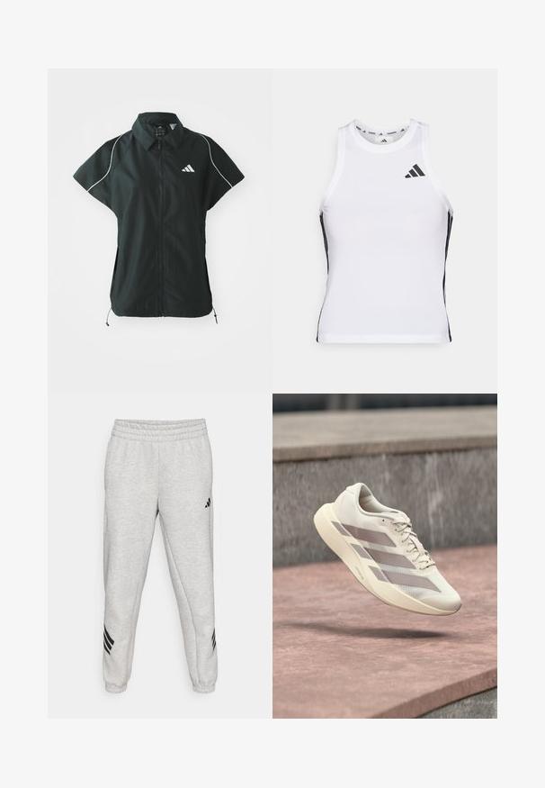 adidas Sportswear STADIUM COVER - Bodywarmer - black/off-white; Witte sportieve tanktop met zwarte zijaccenten en logo. Heeft een ronde halslijn en een getailleerd design, gemaakt van lichtgewicht, ademend materiaal.; Lichtgrijze sweatpants met een geribbelde elastische tailleband, taps toelopende pijpen en drie zwarte diagonale strepen nabij de manchetten. Soepele textuur.; Roomkleurige hardloopschoen met taupekleurige strepen, zwevend boven een roodbruine betegelde ondergrond en een grijze stenen achtergrond.