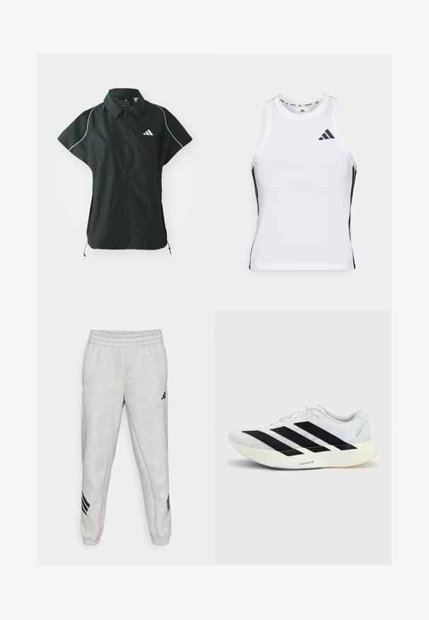 adidas Sportswear STADIUM COVER - Bodywarmer - black/off-white; Witte sportieve tanktop met zwarte zijaccenten en logo. Heeft een ronde halslijn en een getailleerd design, gemaakt van lichtgewicht, ademend materiaal.; Lichtgrijze sweatpants met een geribbelde elastische tailleband, taps toelopende pijpen en drie zwarte diagonale strepen nabij de manchetten. Soepele textuur.; Witte hardloopschoen met zwart drie-strepen ontwerp aan de zijkant en dikke witte zool met label "Lightstrike Pro" op een effen achtergrond.